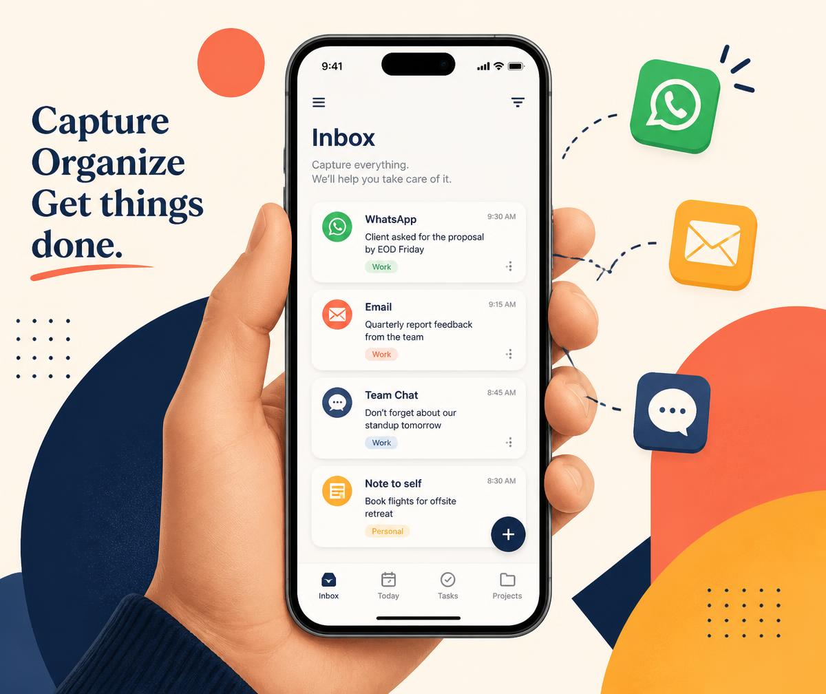 Mockup aplikasi Papan di ponsel dengan tugas dari WhatsApp dan email
